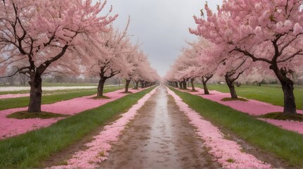 Fototapeta na wymiar cherry blossom orchard, trees, pathway, photography backdrop, wedding backdrop, photoshop overlay,