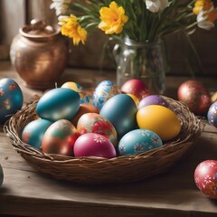 Fototapeta na wymiar Large tray of hand painted easter eggs on a rustic wooden kitchen table