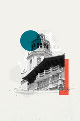 Modern aesthetic artwork. Ornate historical tower with baroque elements against background with...