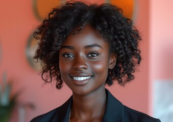 businesswoman, happy smiling Afro female, wearing suit, clean background