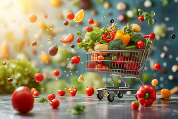 Obraz na płótnie Canvas Fresh groceries and goods falling in a supermarket cart, creative