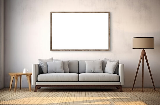 Stylish living room adorned with an abstract frame poster, featuring modern interior design, accompanied by a 3D render and illustration. Made with generative AI technology