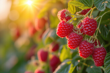 Sunrise over a picturesque raspberry orchard, showcasing perfect raspberries on a bush. Created with Generative AI technology