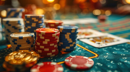 Close-Up of Casino Tokens and Cards on a Table With Blurred Background