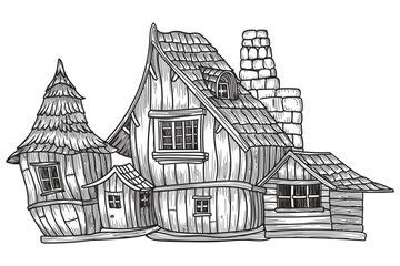 Fairytale children's wooden house with tiled roof. Sketch in cartoon style isolated on white background.