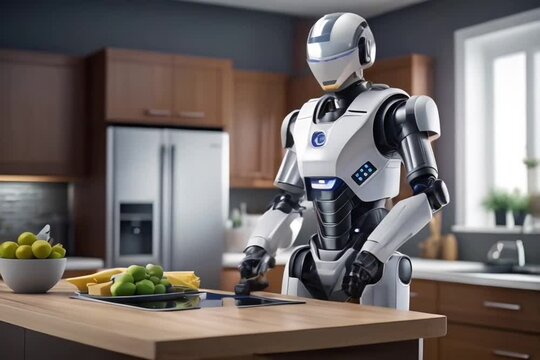 Advanced android conducting household chores, highlighting the efficiency and assistance provided by robotic technology in domestic settings