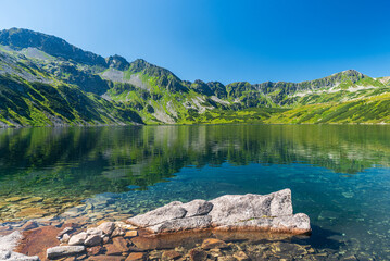 Wielki Staw Polski lake in Dolina Pieciu Stawow Polskich valley in High Tatras mountains in Poland