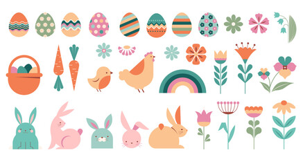 Happy Easter collection of illustrations, icons, symbols and graphic elements. Pastel color set with bunnies, flowers, eggs and basket, Easter card, banner design