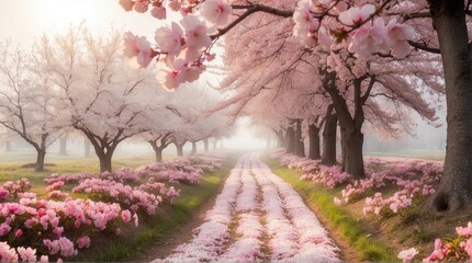 Naklejka premium cherry blossom orchard, trees, pathway, photography backdrop, wedding backdrop, photoshop overlay,