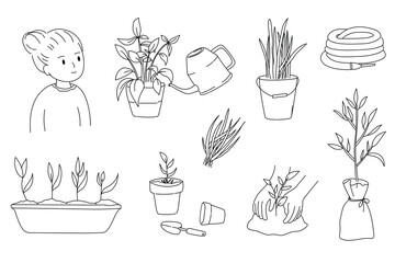 set of gardening hand drawn line art vector illustrations