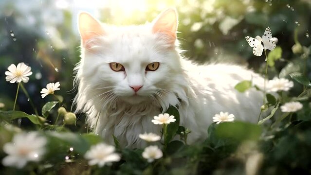A white cat in the grass