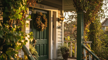 A wreath of flowers on the front door of a house.
