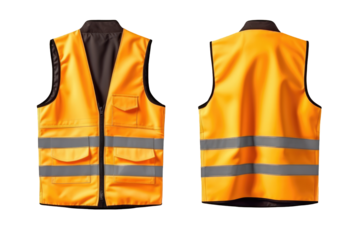 Orange safety vest mockup Front and back view isolated on a cut out PNG transparent background