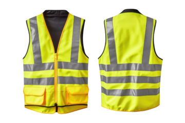 Yellow safety vest mockup Front and back view isolated on a cutout PNG transparent background