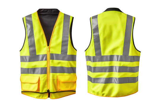 Yellow safety vest mockup Front and back view isolated on a cutout PNG transparent background
