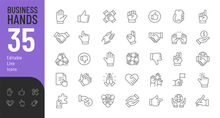 Business Hands Line Editable Icons set. Vector illustration in modern thin line style of different hand gestures: like, dislike, handshake, teamwork, perfect, and more. Isolated on white - obrazy, fototapety, plakaty