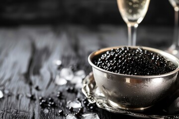 Black caviar in can on ice in silver bowl and champagne on black wooden background - obrazy, fototapety, plakaty