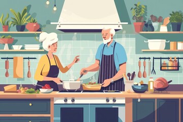 Fototapeta na wymiar Cartoon illustration of a joyful elderly couple cooking together in a modern kitchen