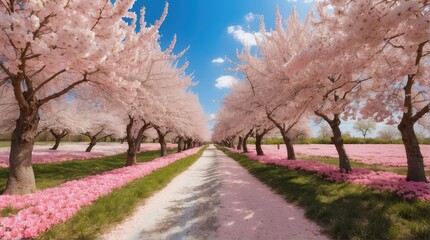 Obraz premium cherry blossom orchard, trees, pathway, photography backdrop, wedding backdrop, photoshop overlay,