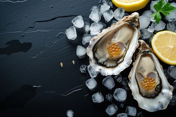 Gourmet oysters topped with vibrant lemon caviar, accompanied by lemon wedges on ice. - obrazy, fototapety, plakaty