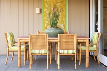 bamboo dining table with matching chairs on a porch