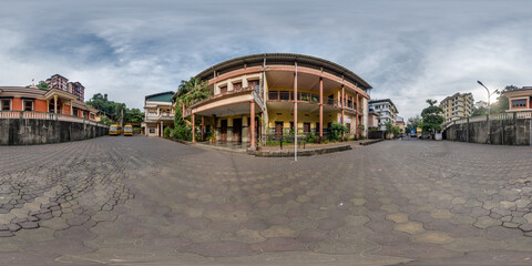 full seamless spherical hdr 360 panorama inside old houses in narrow courtyard or backyard of city bystreet in an indian town in equirectangular projection