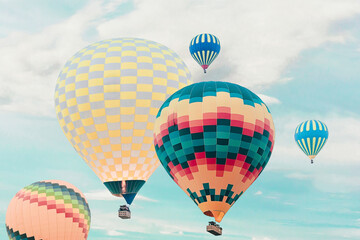 Cappadocia. Flying hot air balloons. Tourism, travelling. Toning. Goreme, Turkey (Turkiye)