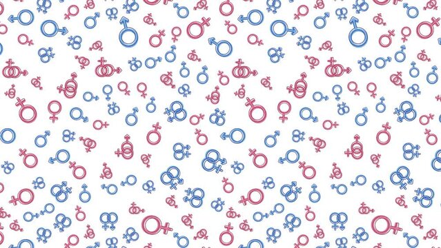 Male and female symbol animated seamless pattern. Gender sign. Design element. Looped video background