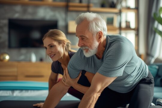 Fit Active Retired Middle Aged Wife Helping Senior Husband Doing Stretching Exercise At Home. Happy Healthy Older Senior 60s Couple Enjoying Fitness Sport Training Workout Together In Apartment.