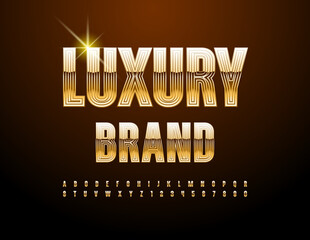 Vector elite label Luxury Brand. Stylish Gold Font. Trendy Exclusive Alphabet Letters and Numbers set - obrazy, fototapety, plakaty