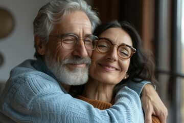 Happy senior adult mature classy couple hugging, bonding, thinking of good future. Carefree cheerful mid age old husband embracing wife looking away dreaming, enjoying wellbeing and love in new house