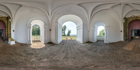 full hdri 360 panorama of entrance hall near old door of portugese catholic church in jungle in...