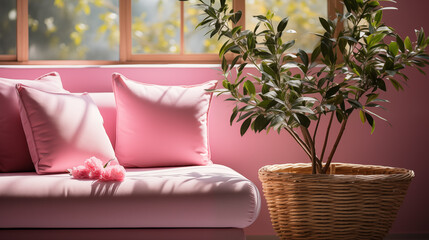 Pink and light violet stylish furniture, couch and armchair with decorative pillows, home style
