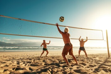 Elderly group engaging in a beach volleyball game at sunset