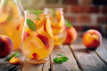 Refreshing Peach Sangria on wooden kitchen background