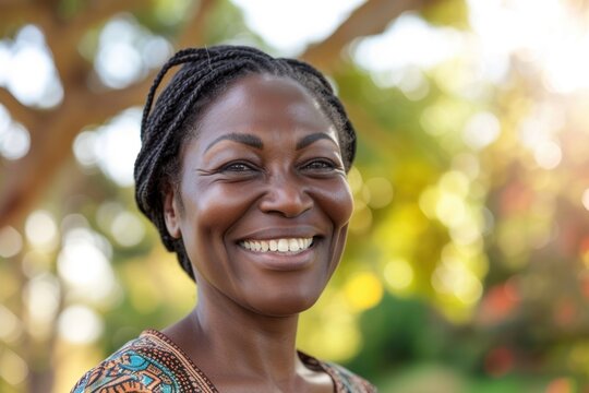 Portrait of smiling middle aged african woman looking at camera. Cheerful black mid adult woman smiling outdoor. Close up face of beautiful black lady laughing at park