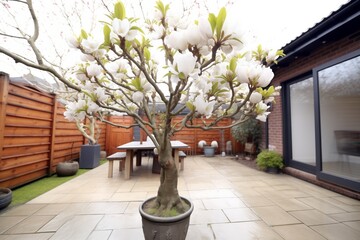 compact magnolia tree with large, white creamy flowers in a patio
