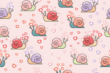 Seamless pattern of love shaped snail shells suitable for love design backgrounds, fabrics, wrappers, Valentine's Day, greeting cards, covers, etc.