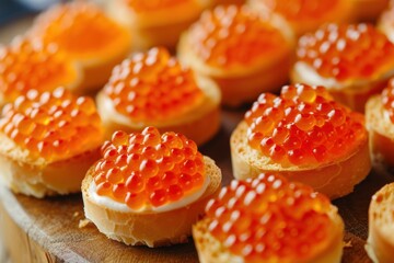 Vibrant red caviar in tartlets garnished with fresh dill on rustic wood - obrazy, fototapety, plakaty