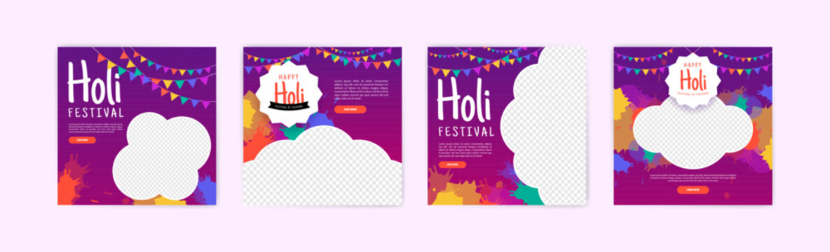 Happy holi festival banner design. Social media post for holi festival. Banner for holi festival with powder ornaments and colorful paint splashes.