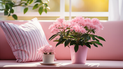 Pink and light violet stylish furniture, couch and armchair with decorative pillows, home style