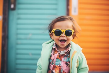 child wearing oversized sunglasses, posing playfully