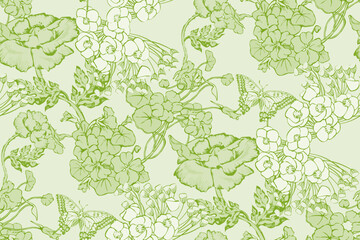 Fototapeta na wymiar Abstract floral seamless pattern. In style Toile de Jou. Suitable for fabric, wrapping 