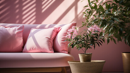 Light pink stylish furniture, armchair or couch with decorative pillow, home style	