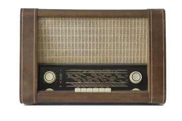 Authentic 50-60s radio receiver. Front view. Isolated on transparent background. Traces of time and...