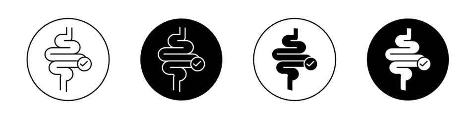 Supports digestive health icon set. Blue medical gut health vector symbol in a black filled and outlined style. Helps in digestion sign.