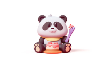 Cute happy funny cartoon panda girl with a yellow bib sits, holds a purple fork in her hand, eats pink drip milk chocolate cake decorated with cream on an orange plate. 3d render isolated transparent.
