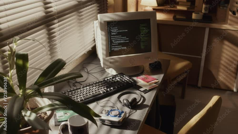 Wall mural no people shot of old-fashioned desktop computer monitor with running program codes standing on desk