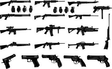 weapon set black silhouette, on white background vector