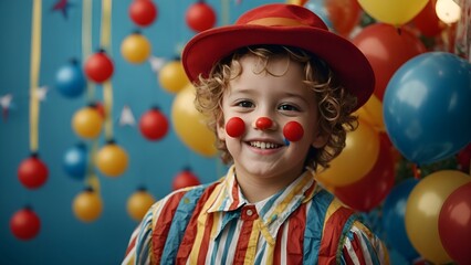Funny kid clown against blue background. Happy child playing with festive decor. Birthday and 1...